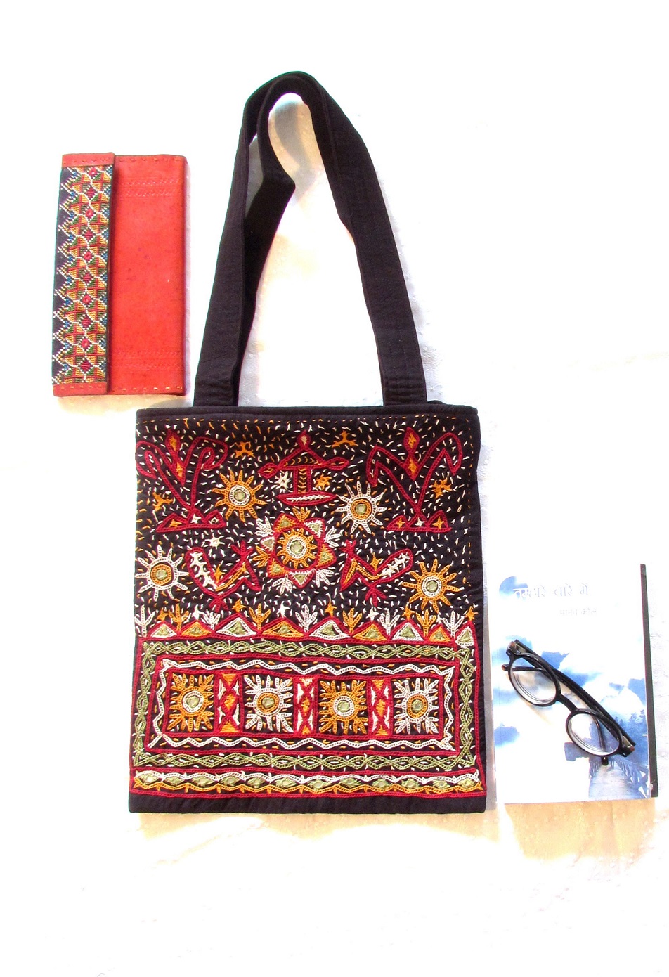 Black Rabari Village Scene Kutch Hand Embroidery Shoulder Bag
